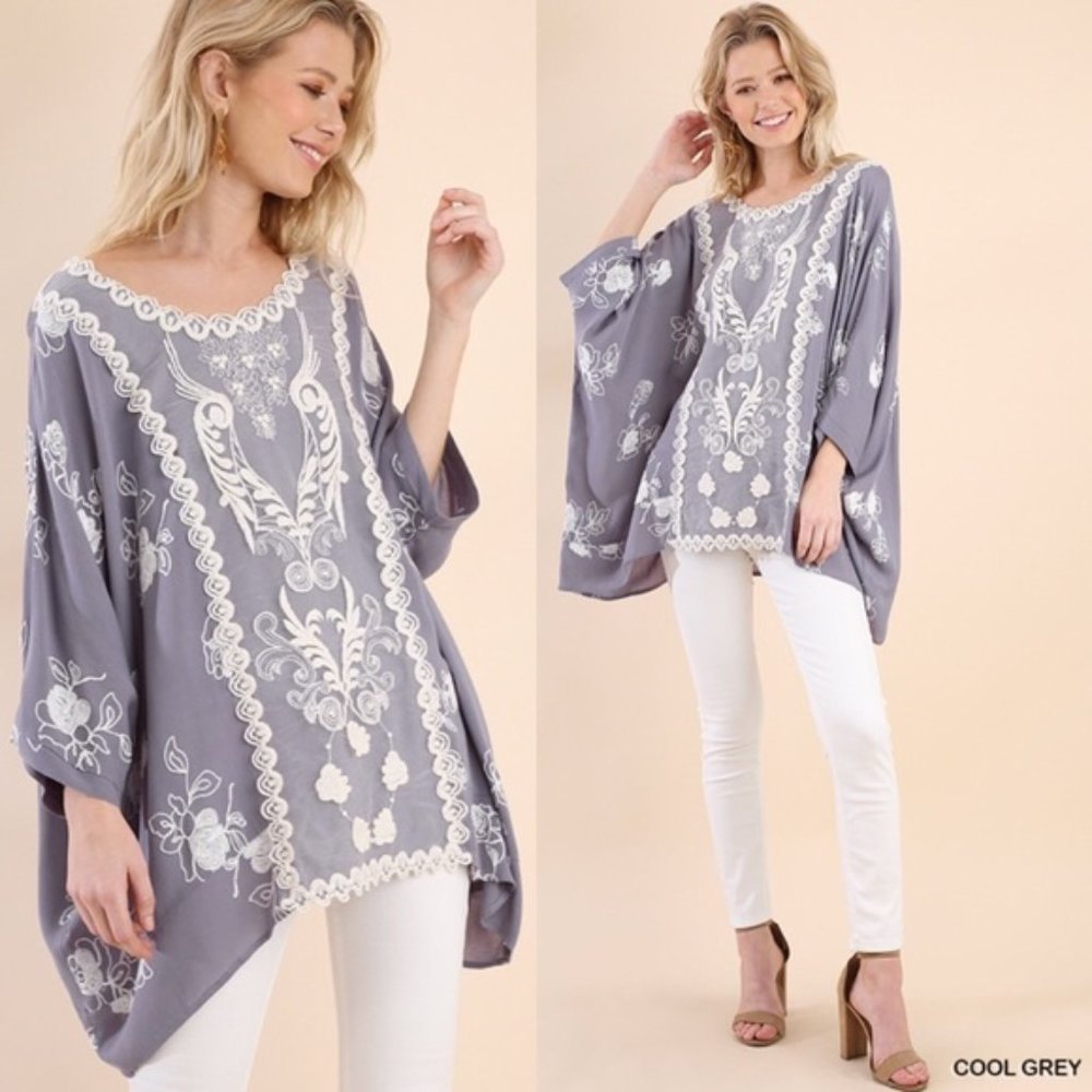 Floral Embroidered Dolman Sleeve Top Front Lace